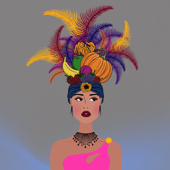 An illustrated digital artwork of a woman with dark hair and a blue headwrap wearing a vibrant pink top, featuring a stunning headdress composed of colorful feathers, pumpkins, bananas, strawberries, and berries.