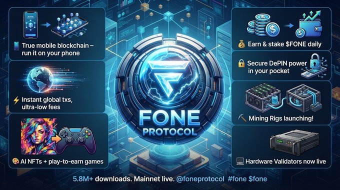 A promotional graphic for Fone Protocol showcasing features like 'True mobile blockchain', 'Instant global txs', 'Earn & stake $FONE', and 'AI NFTs + play-to-earn games' with 5.8M+ downloads.