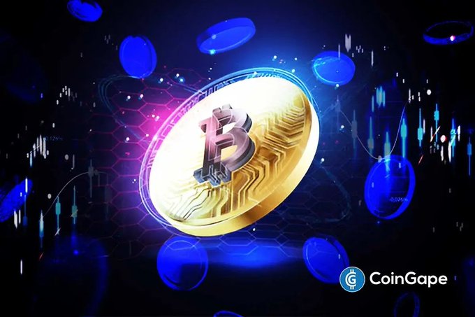 A digital illustration of a golden Bitcoin coin surrounded by blue cryptocurrency-themed orbs and trading charts, branded with the 'CoinGape' logo.