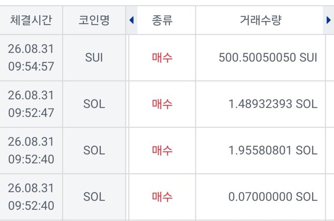 A cryptocurrency transaction history table in Korean showing columns for settlement time, coin type, type (all '매수'/buy), and trade quantity, including purchases of 500.50050050 SUI and various SOL amounts dated 26.08.31.