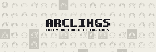 A pixel art style banner with the text 'ARCLINGS' and 'FULLY ON-CHAIN LIVING ARCS' over a pattern of small character sprites.