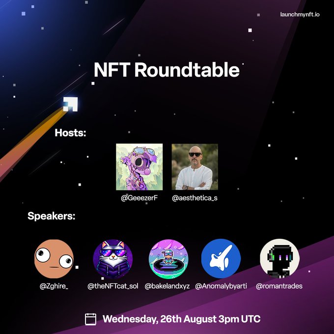 A promotional graphic for the "NFT Roundtable" hosted by @GeezerF and @aesthetica_s, featuring speakers @Zghire_, @theNFTcat_sol, @bakelandxyz, @Anomalybyarti, and @romantrades on Wednesday, 26th August at 3PM UTC, tied to a launchmynft.io discussion on gaming, art, and free mints on Solana.