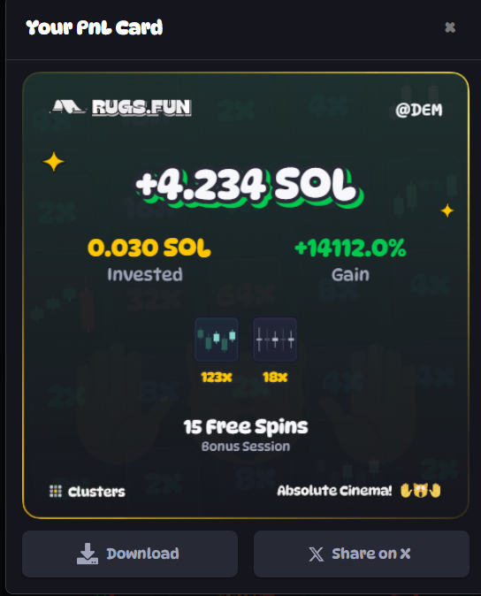 A promotional "Your PnL Card" from RUGS.FUN shows user @DEM won +4.234 SOL from a 0.030 SOL investment, gaining +14112.0% with a 123x cluster and 15 free spins, aligning with the post's call for live play tips and stream engagement at @demauxtv.