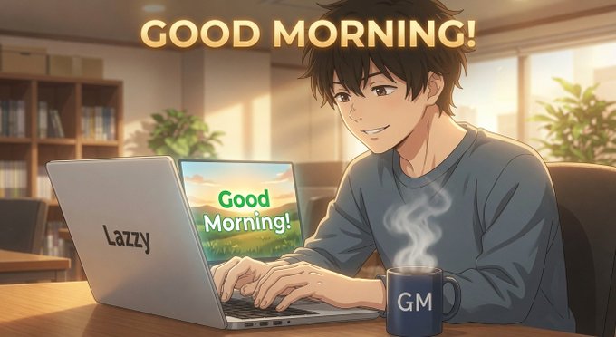 The image features a man sitting at a desk using a laptop computer with the words "Good Morning!" displayed above him. The man appears to be smiling, suggesting that he's enjoying his morning routine or work session. There are also two cups on the desk - one is a coffee cup and the other is a mug. These items might indicate that the man is having a beverage while working or taking a break from his tasks.