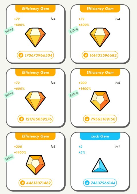 STEPN marketplace listing showing five Efficiency Gems (lv4 and lv5 with +600% and +1400% efficiency boosts) and one Luck Gem (lv1, +3%) all marked as selling.