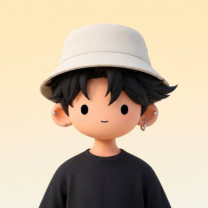 A 3D-rendered cartoon character with black hair, a beige bucket hat, earrings, and a black shirt stands against a cream background, representing the "handsome reveal" of a newly minted NFT.

The image visually captures the NFT reveal mentioned in the post, with the stylish, smiling character serving as the freshly minted piece.