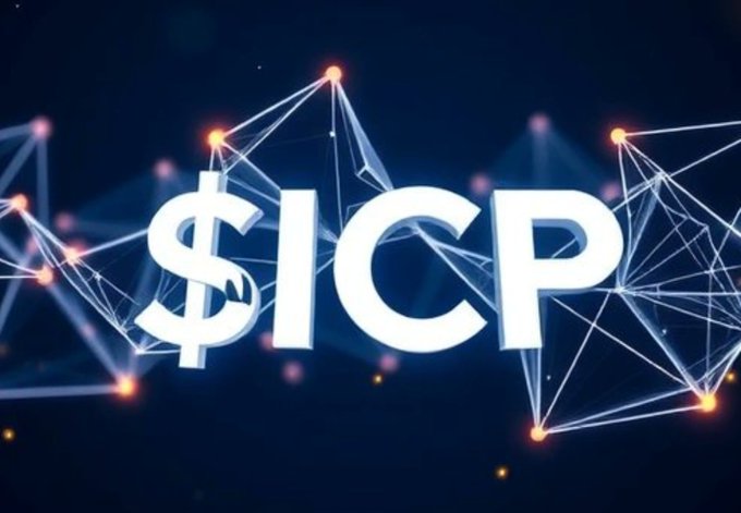 A graphic displaying the white text '$ICP' against a dark blue background with a glowing network of interconnected nodes and lines, representing the Internet Computer cryptocurrency.