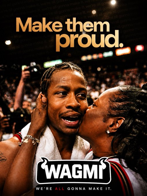A joyful photo of an athlete (appearing to be a basketball player) being kissed on the cheek by an older woman, overlaid with the text "Make them proud" and the "WAGMI - We're All Gonna Make It" logo featuring horns.