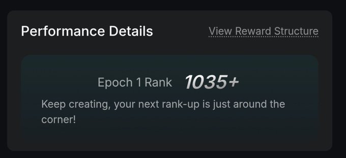 A dark-themed "Performance Details" panel shows an "Epoch 1 Rank" of "1035+" with a message reading "Keep creating, your next rank-up is just around the corner!" alongside a "View Reward Structure" link. This illustrates the poster's frustration, as a rank of 1035+ falls well below the Kaito leaderboard's visible top entries, highlighting the gap that makes it nearly impossible for newer users to compete with established or farming accounts.