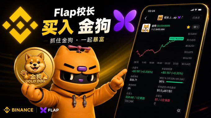 A Binance promotional image featuring a cartoon character in a yellow hoodie with a 'GOLD DOG' coin, advertising 'Flap' with Chinese text '买入 金狗' (Buy Gold Dog).
