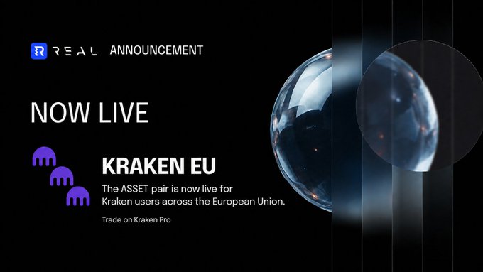 A REAL announcement banner stating 'NOW LIVE - KRAKEN EU', indicating that the ASSET pair is now available for Kraken users across the European Union on Kraken Pro.