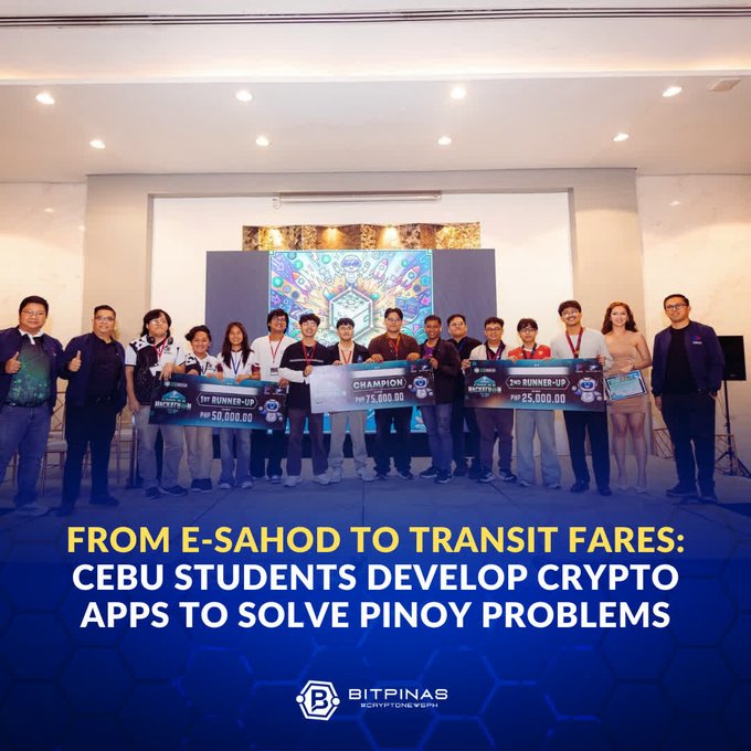 A group photo of students and judges holding '1st Runner-Up', 'Champion', and '2nd Runner-Up' prize checks with text 'FROM E-SAHOD TO TRANSIT FARES: CEBU STUDENTS DEVELOP CRYPTO APPS TO SOLVE PINOY PROBLEMS' from BitPinas.