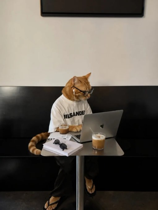 An orange cat wearing glasses, earphones, and a white shirt with the text 'JILSANDE', sitting at a table with a laptop and drinks.