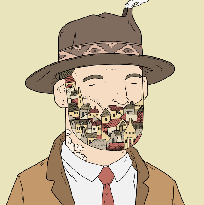 An illustrated portrait of a man wearing a brown wide-brimmed hat, red tie, and brown jacket, whose beard is creatively depicted as a village/townscape with buildings.