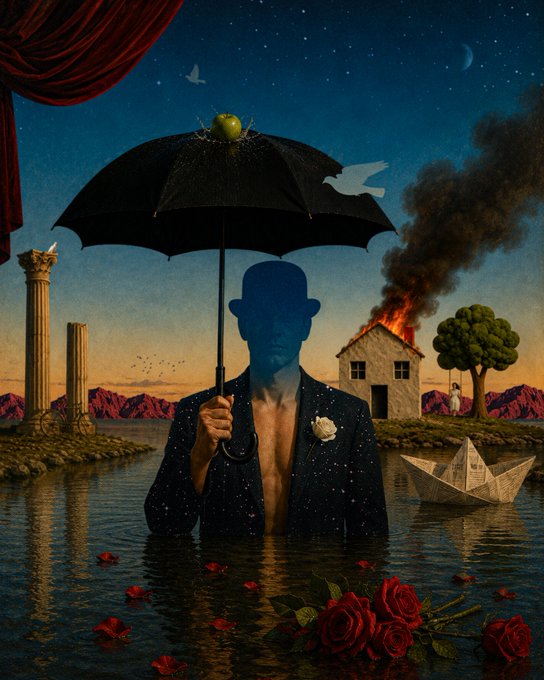 A surrealist painting shows a faceless figure in a bowler hat and star-speckled suit holding a black umbrella topped with an apple, standing waist-deep in water scattered with red roses, while a burning house, paper boat, and lone white dove populate a dreamlike landscape framed by classical columns and stage curtains. The image embodies the post's rebellious sentiment by rejecting algorithm-friendly content in favor of striking, thought-provoking surreal artwork.