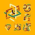 A pixel-art style icon set on a yellow background features small game-themed illustrations including a chessboard, dice, and characters.