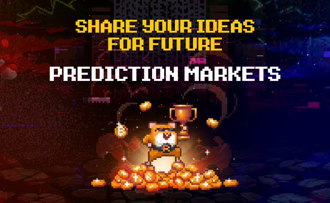 Pixel art graphic featuring an orange cat sitting on a pile of gold coins with a trophy, set against a dark background with the text "SHARE YOUR IDEAS FOR FUTURE PREDICTION MARKETS".