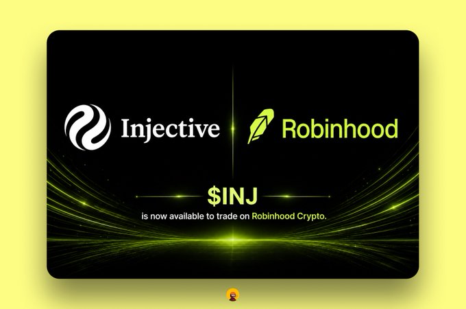 A promotional graphic announcing that Injective ($INJ) is now available to trade on Robinhood Crypto, featuring both logos against a dark background with green light streaks.