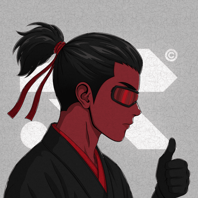 A stylized red-skinned character with a black ponytail tied by red ribbons, wearing futuristic red-tinted sunglasses and a black outfit, gives a thumbs-up while making an "OK" hand gesture. The image, featuring the project name "R3D" subtly in the background, serves as eye-catching promotional artwork for the Project R3D NFT giveaway.