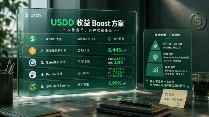 A dark green promotional graphic titled "USDD 收益 Boost 方案" lists five yield-boosting strategies for the USDD stablecoin, with standout APYs including 8.44% (CoinSafe Wallet Phase 7), 7.99% (DeFi Summer), and 8.26%/7.48%/6.42% across Pendle strategies, alongside a pyramid diagram showing the strategy map from low-difficulty staking up to advanced TRON DeFi options, aligning with the post highlighting the wide range of yield entry points including Binance Wallet Phase 7 and the $4.5M TRON DeFi Summer prize pool.