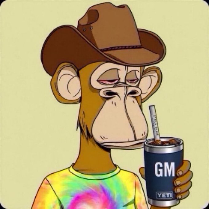A cartoon illustration of a tired-looking monkey wearing a brown cowboy hat and a tie-dye shirt, drinking from a black 'GM' branded YETI tumbler with a straw.