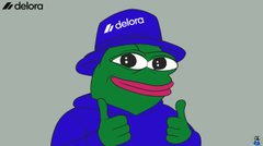 The Delora mascot, a green frog wearing a blue bucket hat and shirt with the 'delora' logo, giving two thumbs up.