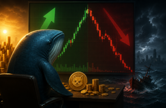 A digital artwork of a whale sitting at a desk with Dogecoin coins and a Dogecoin logo, facing a large stock chart showing a sharp upward green arrow followed by a steep downward red arrow, with a stormy ocean and sinking ship in the background.