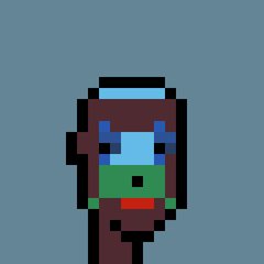 A pixel art character with dark hair, blue eyes, and a green scarf stands against a blue background.