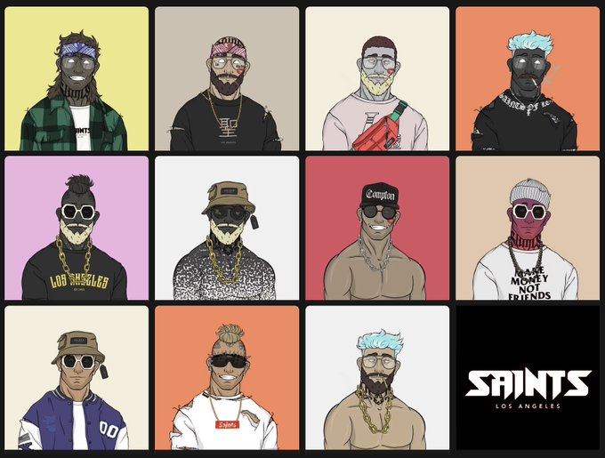 Illustrated character grid featuring 11 stylized hip-hop-inspired male avatars in various outfits and sunglasses, branded 'SAINTS LOS ANGELES' in the bottom right corner.