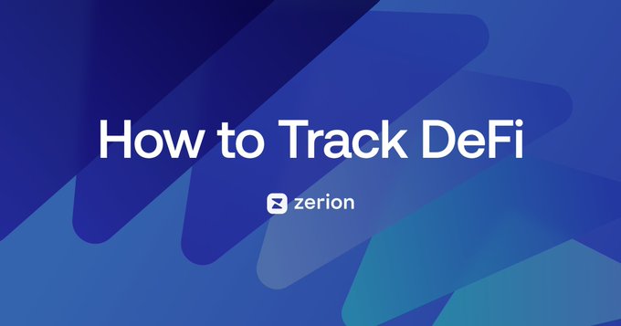 A blue promotional graphic with the text 'How to Track DeFi' and the Zerion logo.