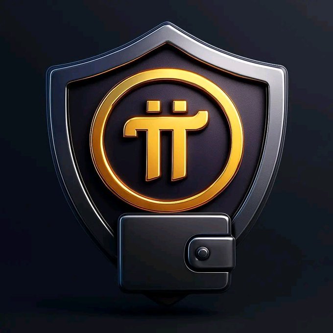 A 3D-rendered black shield with a silver border features the Pi Network logo in gold at its center, with a black leather wallet tucked at the bottom. The image visually reinforces the post's enthusiasm for Pi ($PI), symbolizing both security/protection of the network and a crypto wallet for future Pi DEX transactions.