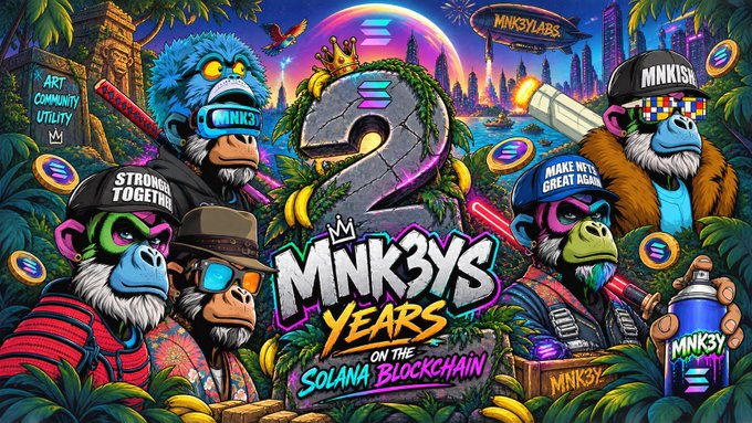 A colorful promotional artwork for 'MNK3Y$ 2 YEARS ON THE SOLANA BLOCKCHAIN,' depicting several graffiti/gangster-style monkey characters (MNK3, MNKISH) in a tropical jungle cityscape with a large '2' in the center.