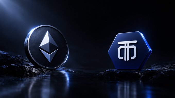 A dark, dramatic 3D render displaying a physical Ethereum (ETH) coin next to a blue hexagonal token featuring a stylized logo, both resting on rocky surfaces.