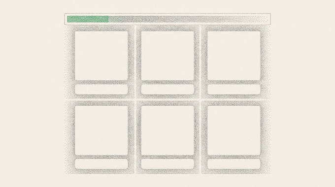 A digital interface mockup featuring a dotted texture layout with six empty white rectangular cards arranged in a grid below a progress bar.