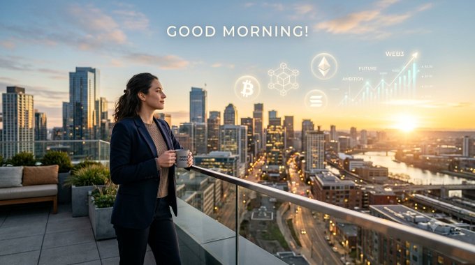 A woman in a business suit holds coffee on a rooftop terrace overlooking a sunrise cityscape, with holographic cryptocurrency icons (Bitcoin, Ethereum, etc.) and a Web3 financial chart floating in the sky beneath the text "GOOD MORNING!"—visually reinforcing the post's motivational message of embracing new opportunities and staying consistent in the crypto journey.
