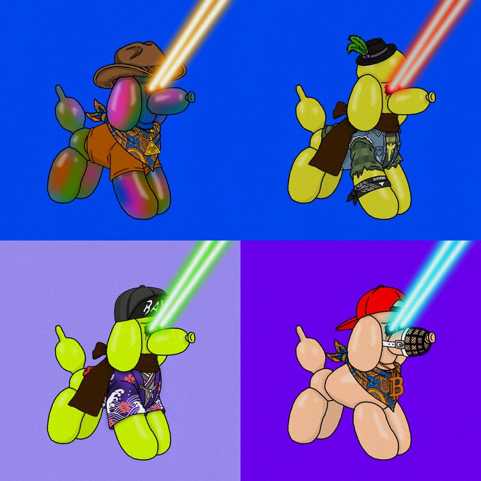Four digital illustrations of balloon-animal-style dogs wearing various streetwear outfits (bandanas, hats, shirts) against blue and purple backgrounds, each shooting laser beams from their eyes.
