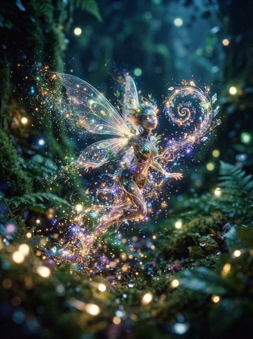 A digital artwork depicts a glowing fairy with iridescent wings surrounded by sparkling lights in a mystical forest setting.