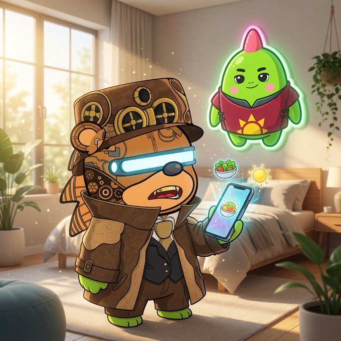 A cartoon bear character dressed in steampunk attire with a glowing visor holds a smartphone, while a green creature with a sun emblem floats nearby in a cozy bedroom setting.