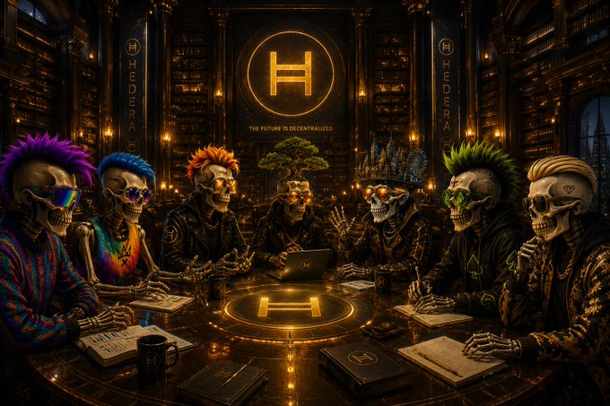A dark, ornate digital art scene featuring skull-faced figures with colorful hair and glowing eyes gathered around a table with a central 'H' (Hedera) logo and text 'THE FUTURE IS DECENTRALIZED', flanked by 'Hedera' banners.