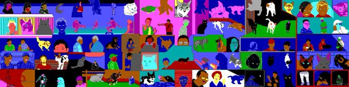 A colorful collage composed of numerous small, stylized digital illustrations and portraits of people, cats, dogs, and abstract scenes in bold blues, pinks, and greens, characteristic of modern NFT or digital art collections.