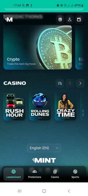 A mobile app screenshot of a platform called "MINT" showing sections for Crypto, Casino (featuring "RUSH HOUR", "ROLLING DUNES", and "CRAZY TIME"), and navigation tabs for Leaderboard, Predictions, Casino, and Sports.