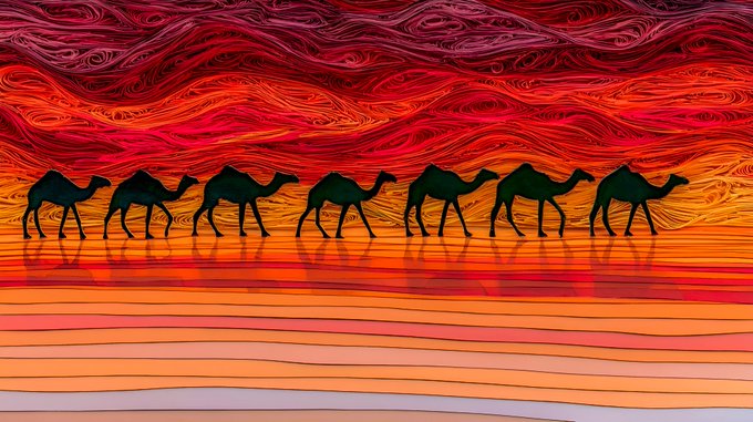 An artistic illustration of silhouetted camels walking in a line against a vibrant, swirling background of red, orange, and yellow colors resembling a desert sunset.