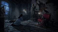 A cinematic scene in a dark gothic room where a person in a white dress kneels before a seated figure in red, with statues and a chandelier in the background.