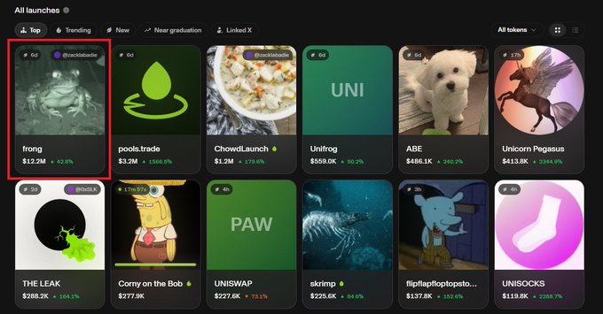 A cryptocurrency launchpad dashboard shows trending token launches including 'frong' ($12.2M, highlighted in red), 'pools.trade', 'ChowdLaunch', 'Unifrog', 'ABE', 'Unicorm Pegasus', 'THE LEAK', 'Corny on the Bob', 'UNISWAP', 'skrimp', 'flipflapflop', and 'UNISOCKS' with their respective market caps and percentage gains.