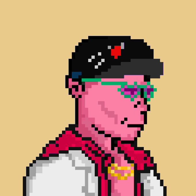 A pixel art portrait of a character with dark hair, pink glasses with green frames, a pink face, and a gold chain necklace against a tan background.