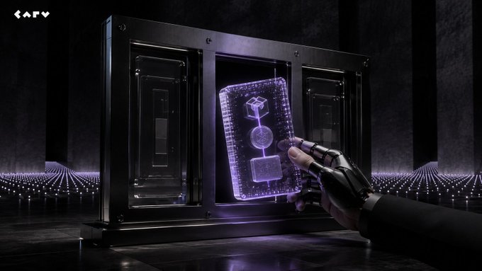 A robotic hand interacts with a glowing purple holographic interface displaying a hierarchical structure, while the "CARV" logo appears in the top left corner. The image visually reinforces the post's message by depicting the need for "authenticated behavior" and "validation" beyond mere interfaces—symbolizing how CARV's ERC-8004 provides the verifiable proof and persistent identity that traditional standards lack.