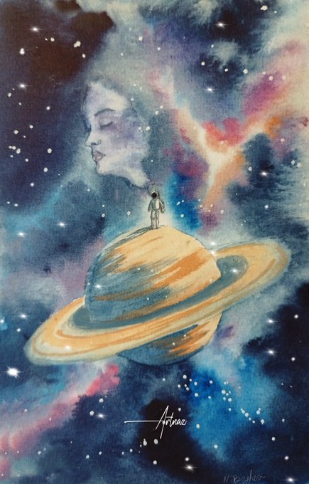 A watercolor painting depicting a small figure standing on a ringed planet resembling Saturn, with a faint face in the cosmic clouds above; signed 'Arina'.