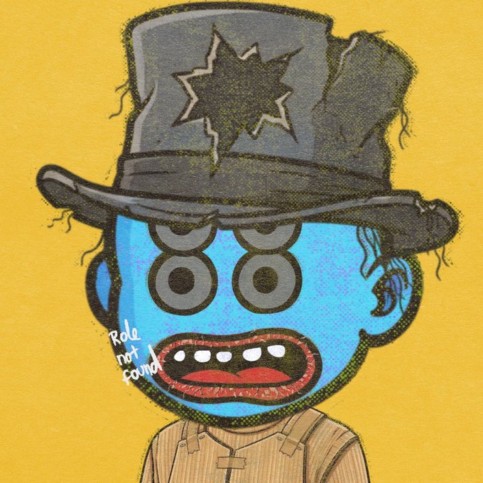 A digital illustration of a blue-faced cartoon character with four eyes, wearing a gray top hat featuring a star design, set against a yellow background with 'Role not found' text.