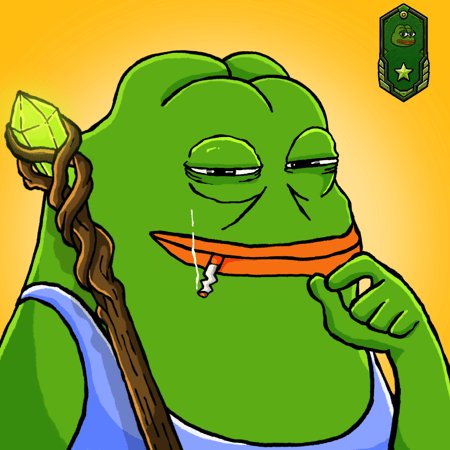 A cartoon Pepe the Frog character wearing a blue tank top, holding a wooden staff with a green crystal, smoking a cigarette, with a military-style badge in the corner.