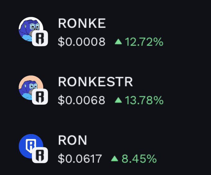 Three cryptocurrency listings—RONKE, RONKESTR, and RON—all showing green upward price changes of 12.72%, 13.78%, and 8.45% respectively.